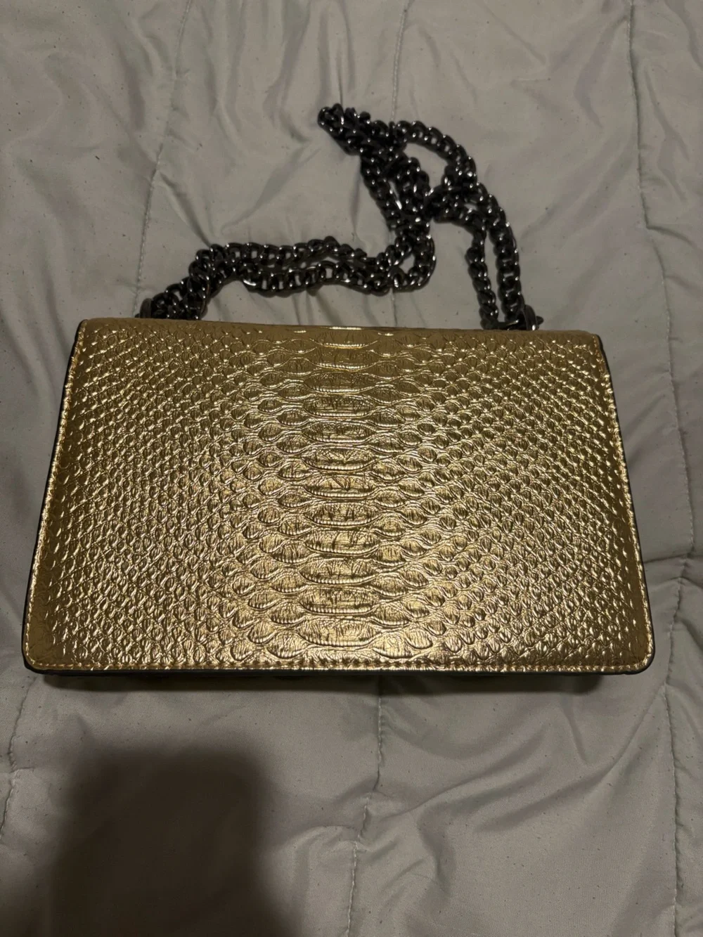 Metallic Gold Textured Shoulder Bag with Decorative Clasp